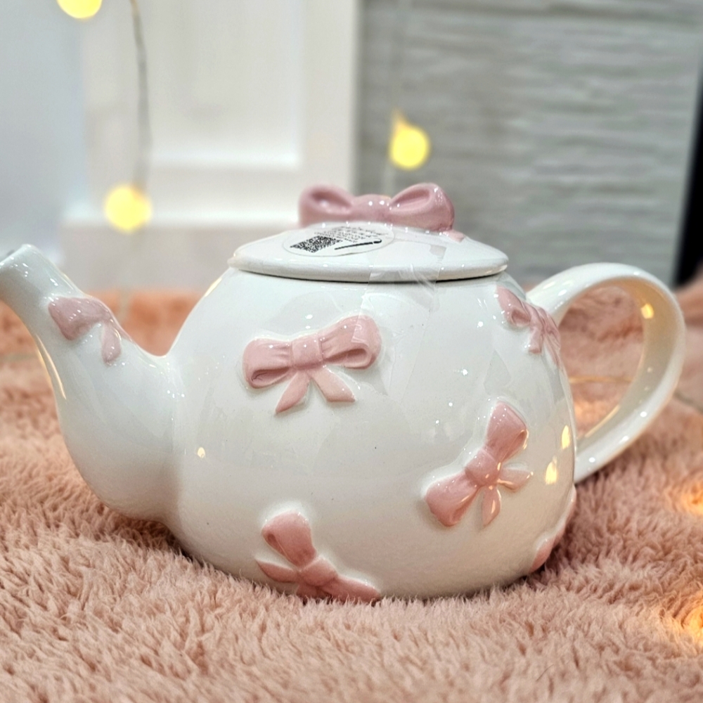 Pink Bow Teapot Viral - Coquette, Hand painted, NWT